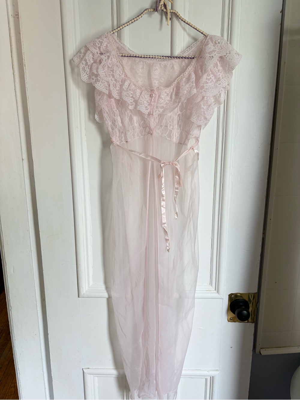 Vintage Pink Sheer Robe with Lace and Beaded Details